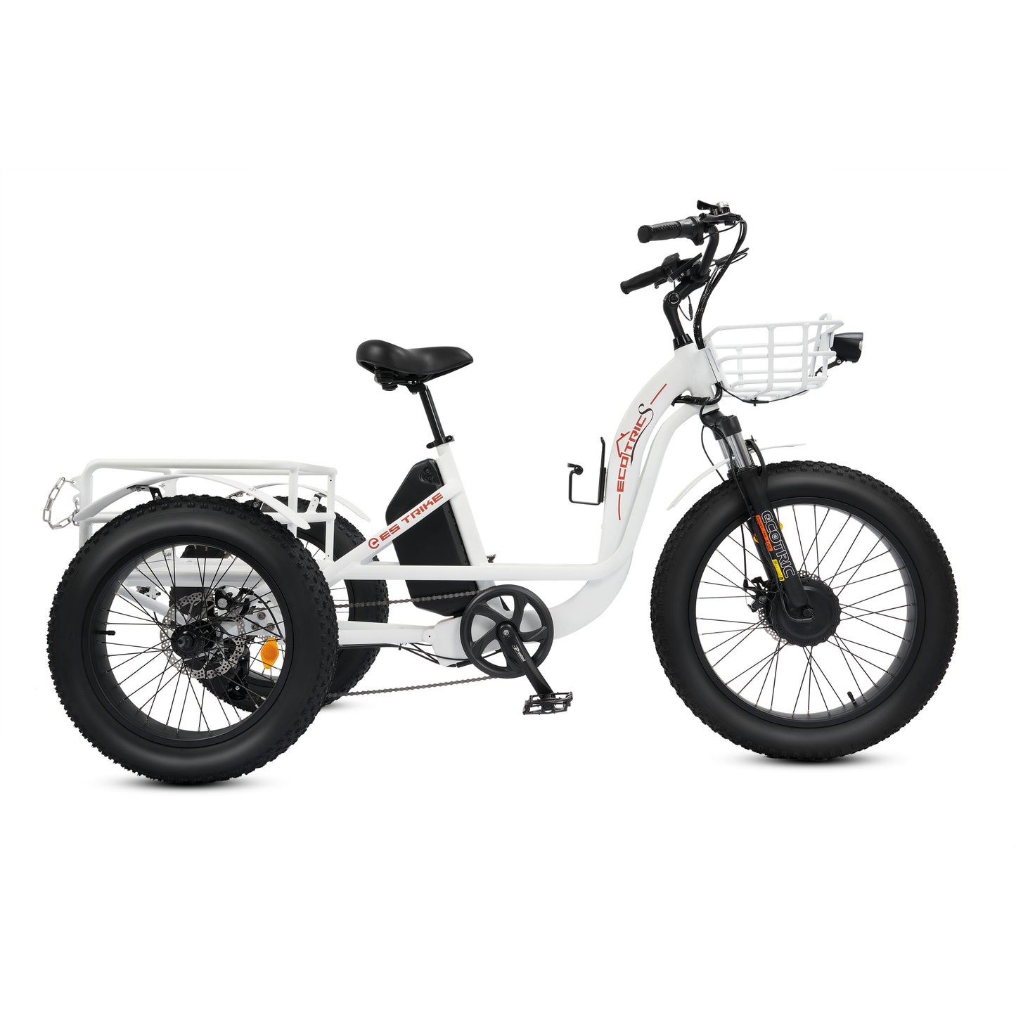 Ecotric 48V 24"x4.0 Front 20"x4.0 Rear Tires Tricycle electric bike with Front Basket + Rear Rack White