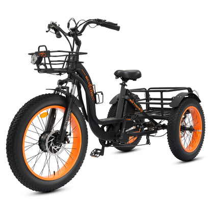 Ecotric 48V 24"x4.0 Front 20"x4.0 Rear Tires Tricycle electric bike with Front Basket + Rear Rack