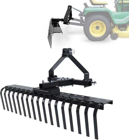 ECOTRIC 50In Landscape Rake Compatible with Category-0 Cat0 Tractor 3 Point & 5-Position Angle Adjustment for Garden, Farm, Grass Steel Powder Coated Black LYOM-374-BK