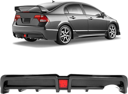 Rear Bumper Diffuser Compatible with 2006-2011 Honda Civic 4 Door Sedan Rear Lower Bumper Lip Splitter Valance with LED Brake Light Bumper Spoiler Carbon Fiber Color LYAP-X1386
