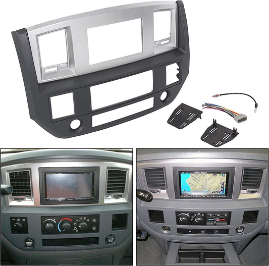 KUAFU Stereo Radio Double Din Dash Kit Compatible with 2006-2009 Dodge Ram Pickup Replacement for GNT56215007 Install Dash Bezel Silver Slate Gray LYAP-328