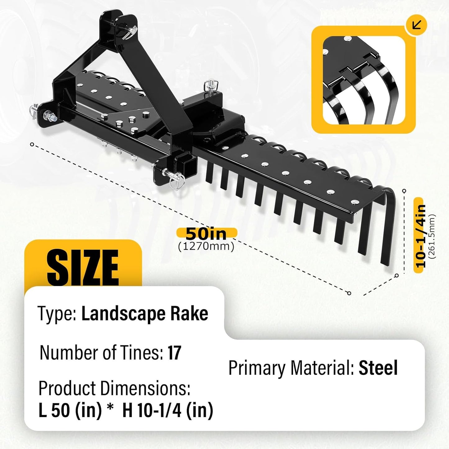 ECOTRIC 50In Landscape Rake Compatible with Category-0 Cat0 Tractor 3 Point & 5-Position Angle Adjustment for Garden, Farm, Grass Steel Powder Coated Black LYOM-374-BK