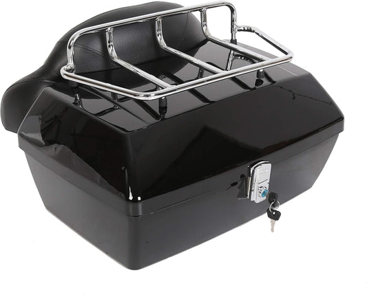 Black Motorcycle Luggage Trunk Compatible with Harley Honda Yamaha Suzuki Cruiser Motorcycle Luggage Tour Trunk Tail Box with Top Rack Backrest DMYS-B
