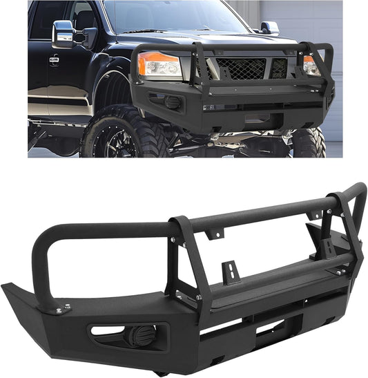 Front Bumper Assembly Compatible with 2004-2011 Nissan Titan, 2004 Pathfinder Armada and 2005-2007 Armada, W/Bull Bar, Fog Light Hole and Winch Mount, 3pcs-Main Body Steel Powder Coated LYAM-X1209A+LYAM-X1209B