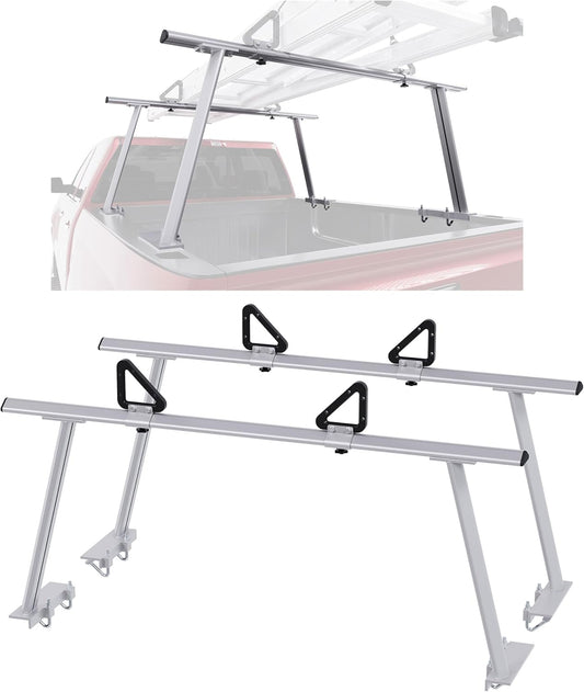 ECOTRIC Adjustable Truck Ladder Rack Compatible with Most Full Size and Compact Trucks Contractor Pipe Lumber Rack (No Drilling Required) 1,000lbs Weight Capacity Silvery LYAM-791