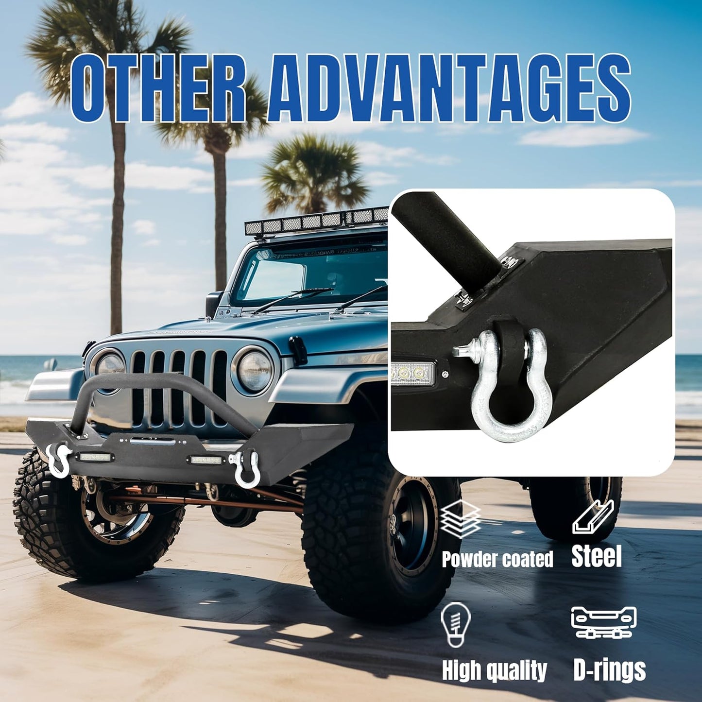 KUAFU Front Winch Bumper Black Compatible with 1986-2006 Jeep Wrangler TJ YJ With D-rings and 2 LED Lights LYAM-292T