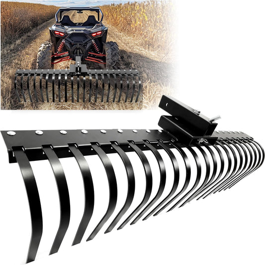 KUAFU 60 Inch Landscape Rake Pine Straw Rake Tractors Rake Fit for 2 Inch Receiver ATV UTV SxS Features 48inches or 60inches Accessory Tool Bar & 3 Point Hitch System Powder Coated Steel LYOM-003
