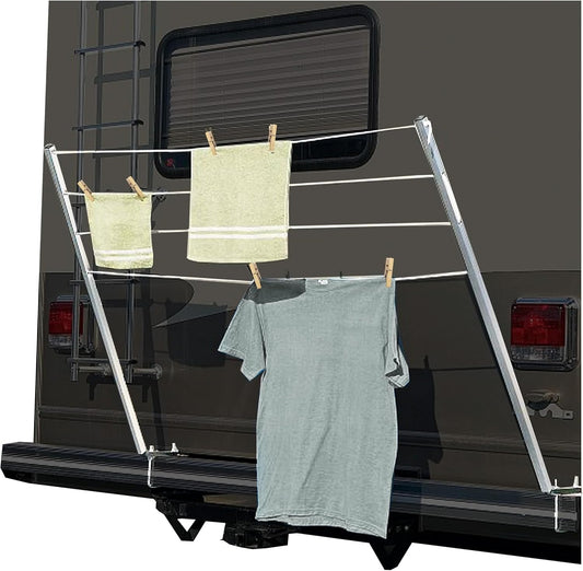 KUAFU RV Clothes Drying Rack Bumper-Mounted Clothesline Compatible with 4inches Square RV Bumpers Versatile Clothes Line Aluminum Powder Coated Silvery LYOM-106