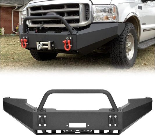 ?KUAFU Front Bumper Assembly Compatible with 1999-2004 Ford F250 F350 F-250 F-350 Super Duty Steel Powder Coated w/Winch Plate Two Packages LYAM-X1255A+LYAM-X1255B