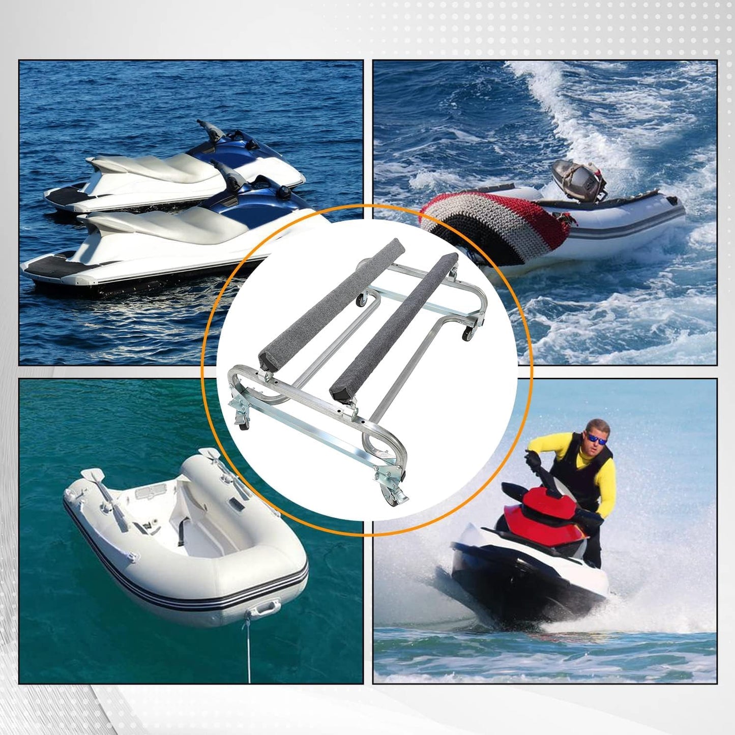 HECASA Personal Watercraft Jet Ski Dolly Stand Boat Storage Trailer Vehicle Cart for Sea-Doo Yamaha Kawasaki Adjustable Carpeted Bunks W/Four Casters & Two Brakes 1000lbs Capacity LYA-060S