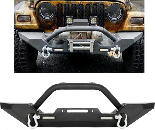 KUAFU Front Winch Bumper Black Compatible with 1986-2006 Jeep Wrangler TJ YJ With D-rings and 2 LED Lights LYAM-292T