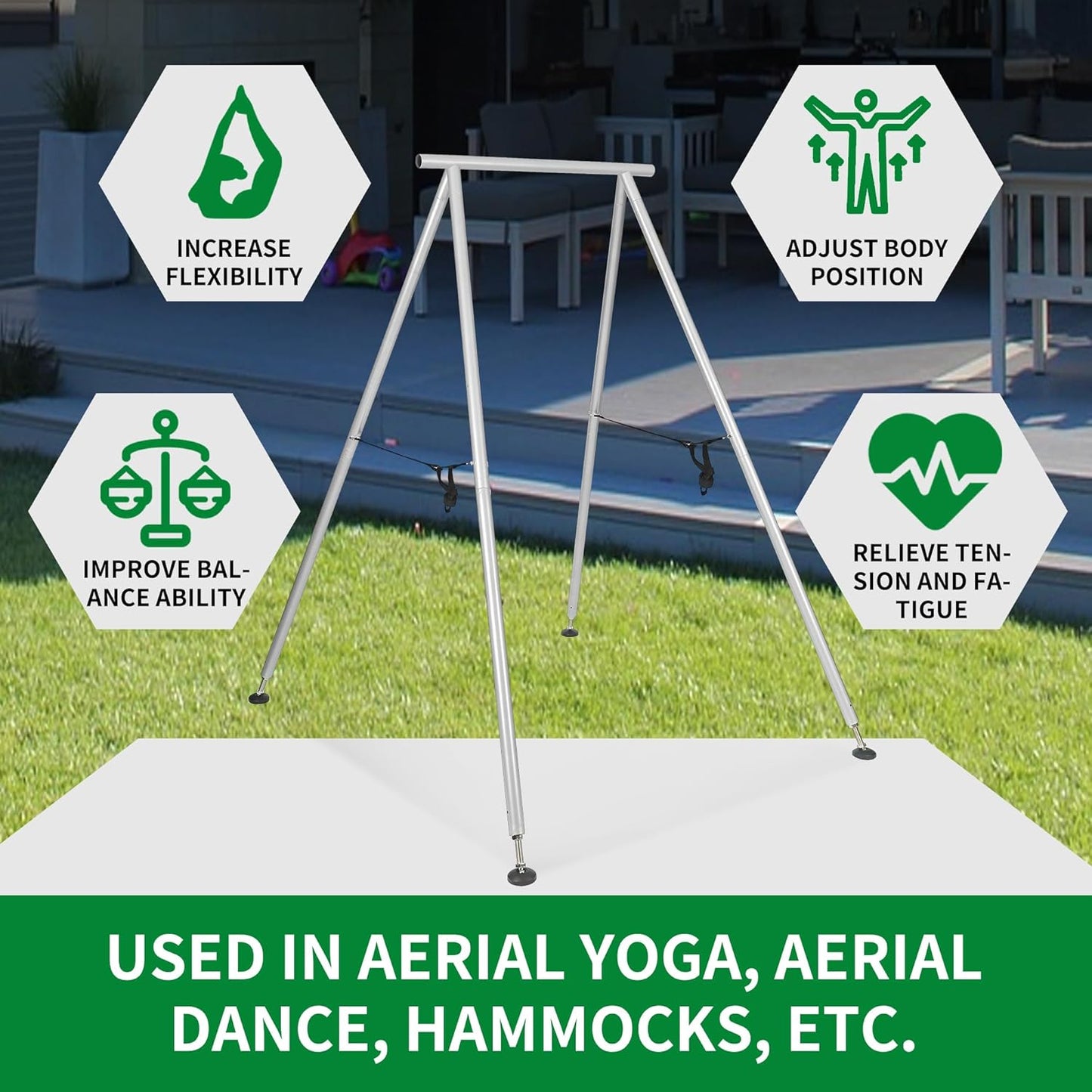 KUAFU 9.6 FT Portable Stand Yoga Swing Stand 551 LBS Aerial Yoga Frame Yoga Sling Inversion Equipment Steel Silvery for Indoor and Outdoor Triangle Structure LYOM-120T-1