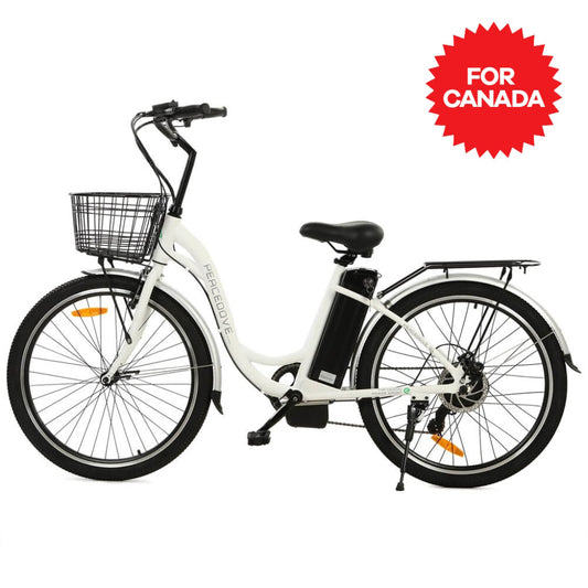 Ecotric 26inch White Peacedove electric city bike with basket and rear rack-Canada