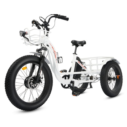 Ecotric 48V 24"x4.0 Front 20"x4.0 Rear Tires Tricycle electric bike with Front Basket + Rear Rack White