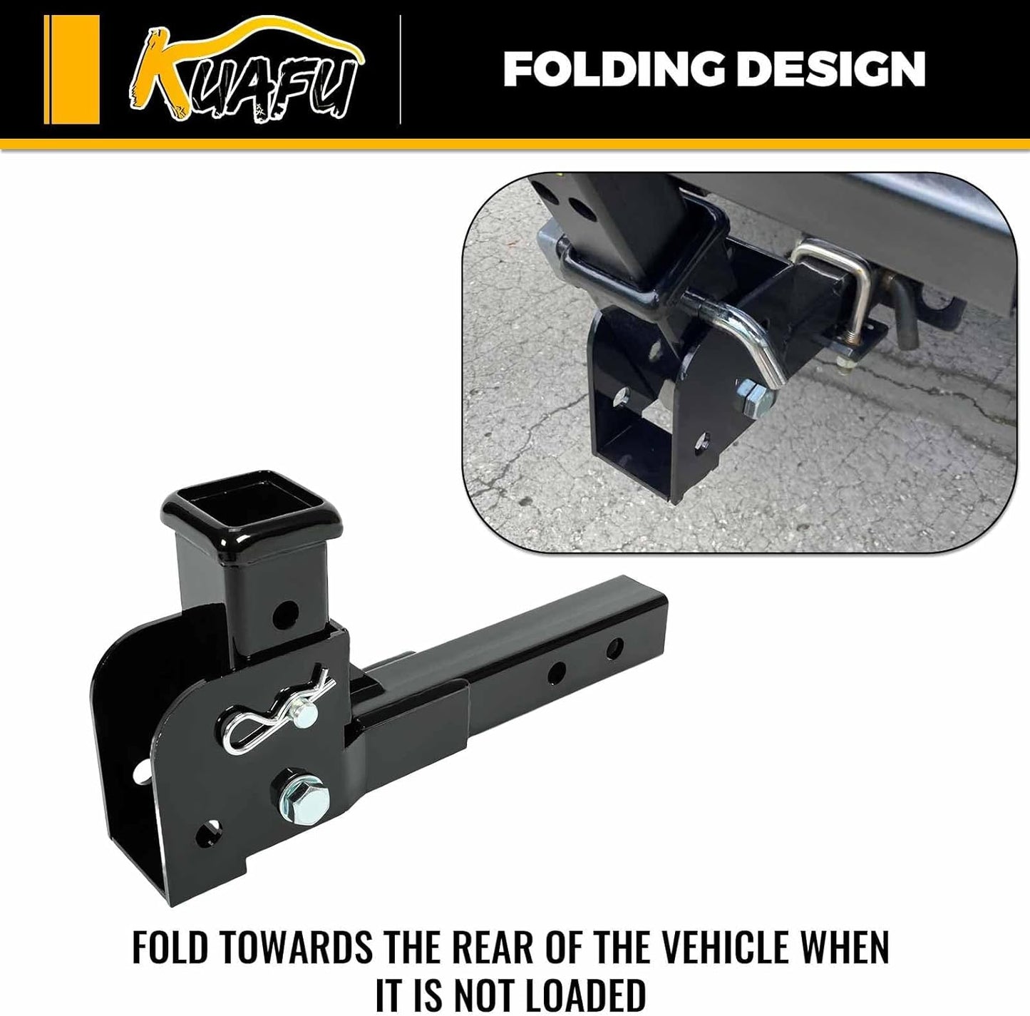 KUAFU 2inches Folding Hitch Adapter Compatible with 2 Inch Trailer Hitch Extension Shank Mount Cargo Wheelchair Carrier Adapter 500lbs Weight Capacity LYAM-738S