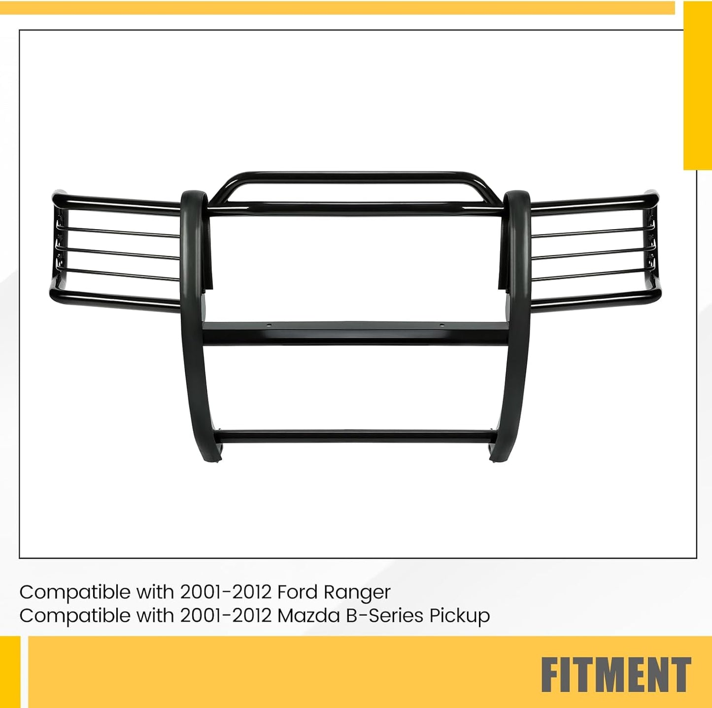 KUAFU Brush Guard Compatible with 2001-2012 Ford Ranger Mazda B-Series Pickup With Skid Plate Bull Bar Front Bumper Grill Grille Guard Protector Brush Push Bar Steel Black Power Coated LYAM-778