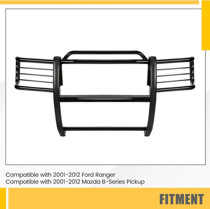 KUAFU Brush Guard Compatible with 2001-2012 Ford Ranger Mazda B-Series Pickup With Skid Plate Bull Bar Front Bumper Grill Grille Guard Protector Brush Push Bar Steel Black Power Coated LYAM-778