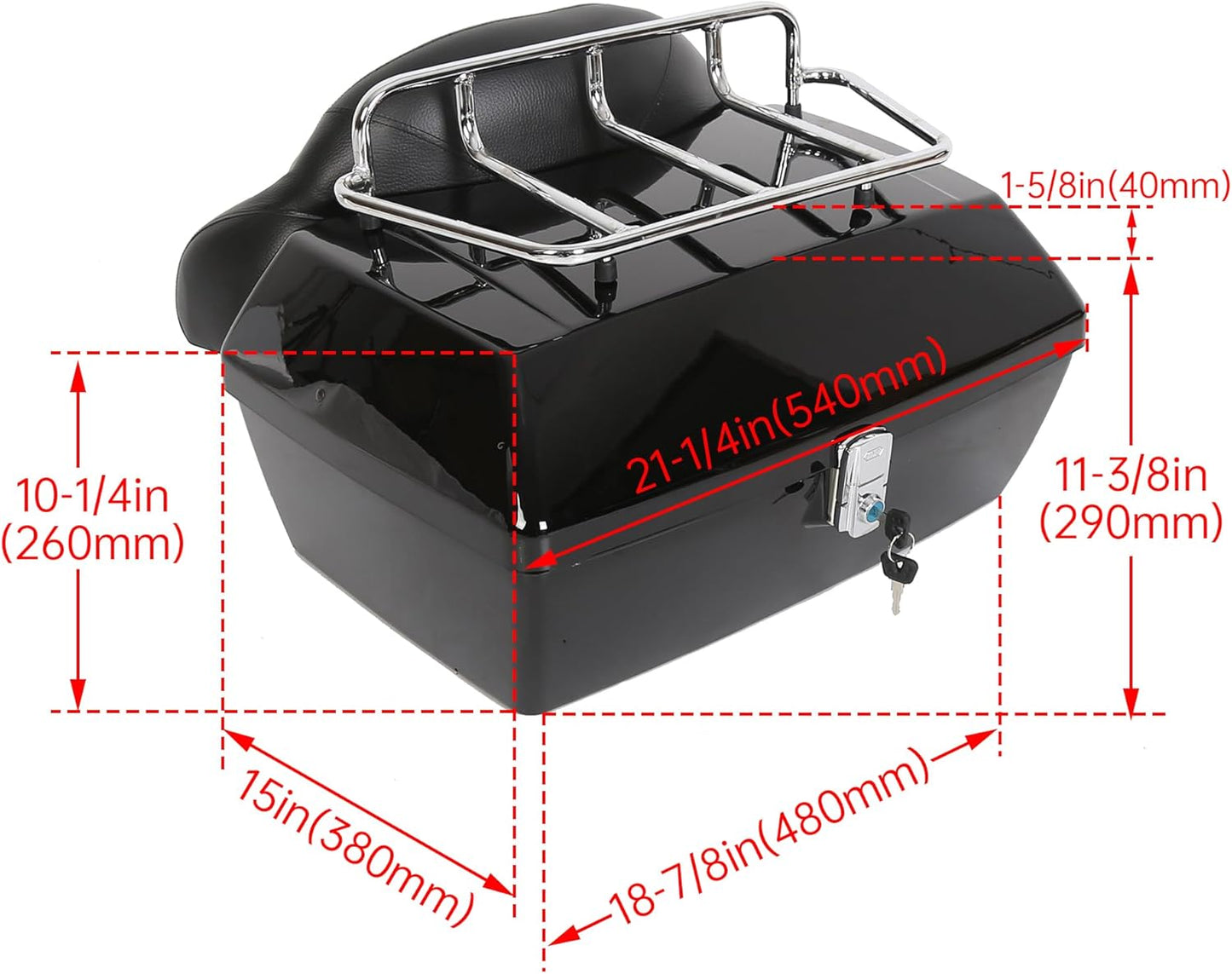 Black Motorcycle Luggage Trunk Compatible with Harley Honda Yamaha Suzuki Cruiser Motorcycle Luggage Tour Trunk Tail Box with Top Rack Backrest DMYS-B