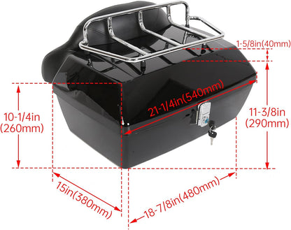 Black Motorcycle Luggage Trunk Compatible with Harley Honda Yamaha Suzuki Cruiser Motorcycle Luggage Tour Trunk Tail Box with Top Rack Backrest DMYS-B