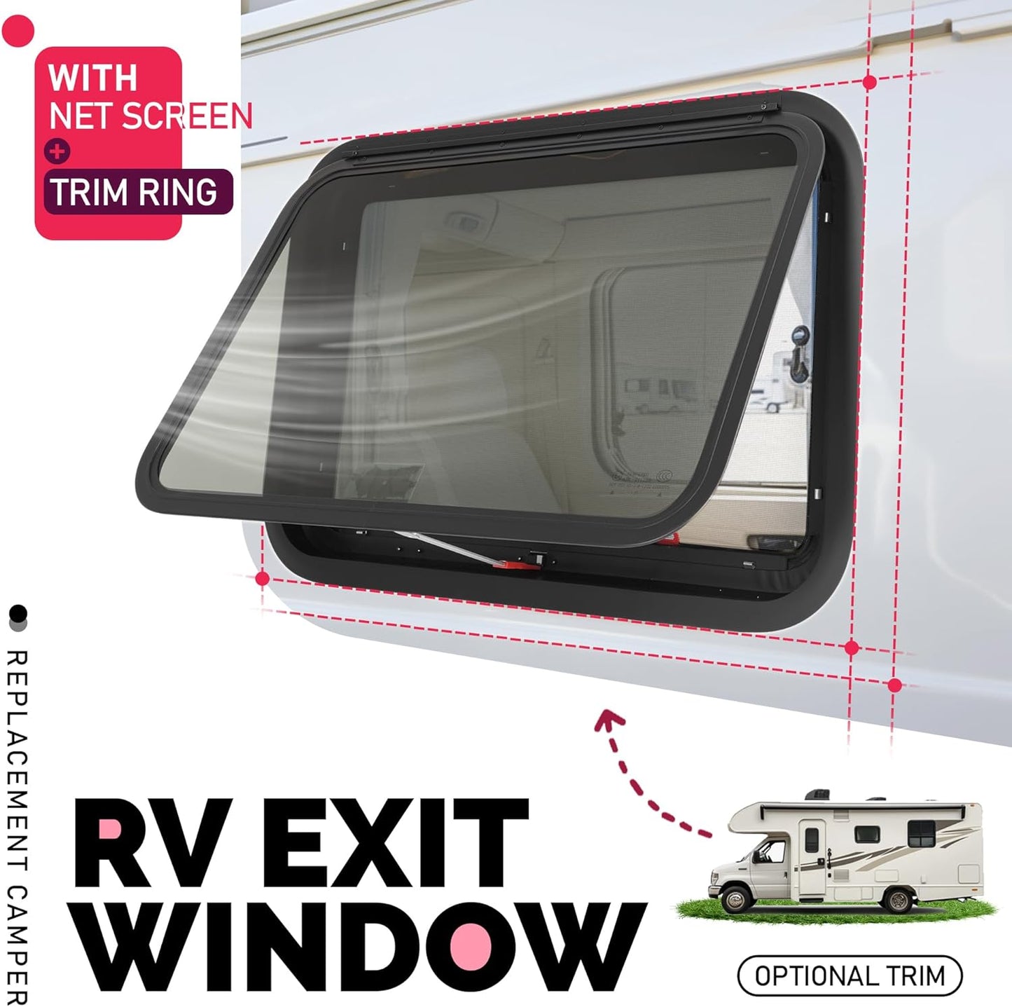 30inches x 20inches RV Exit Window Push Out w/Screen & Trim Ring Emergency Tinted Side Window for Camper, Cargo, Horse Trailer Aluminium Tempered Glass Plastic Rubber LYMIR-108