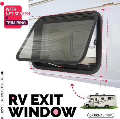 30inches x 20inches RV Exit Window Push Out w/Screen & Trim Ring Emergency Tinted Side Window for Camper, Cargo, Horse Trailer Aluminium Tempered Glass Plastic Rubber LYMIR-108