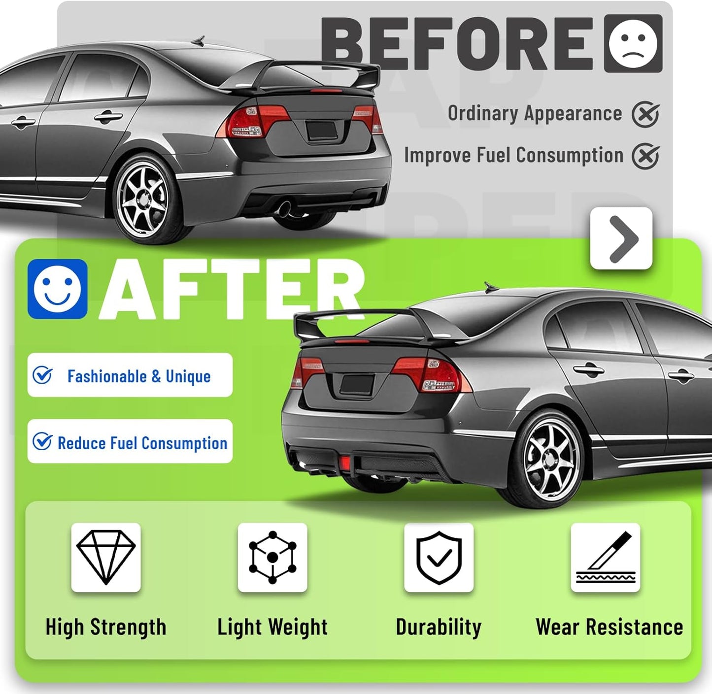 Rear Bumper Diffuser Compatible with 2006-2011 Honda Civic 4 Door Sedan Rear Lower Bumper Lip Splitter Valance with LED Brake Light Bumper Spoiler Carbon Fiber Color LYAP-X1386