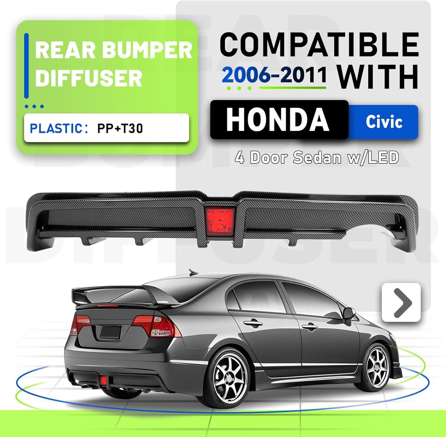 Rear Bumper Diffuser Compatible with 2006-2011 Honda Civic 4 Door Sedan Rear Lower Bumper Lip Splitter Valance with LED Brake Light Bumper Spoiler Carbon Fiber Color LYAP-X1386
