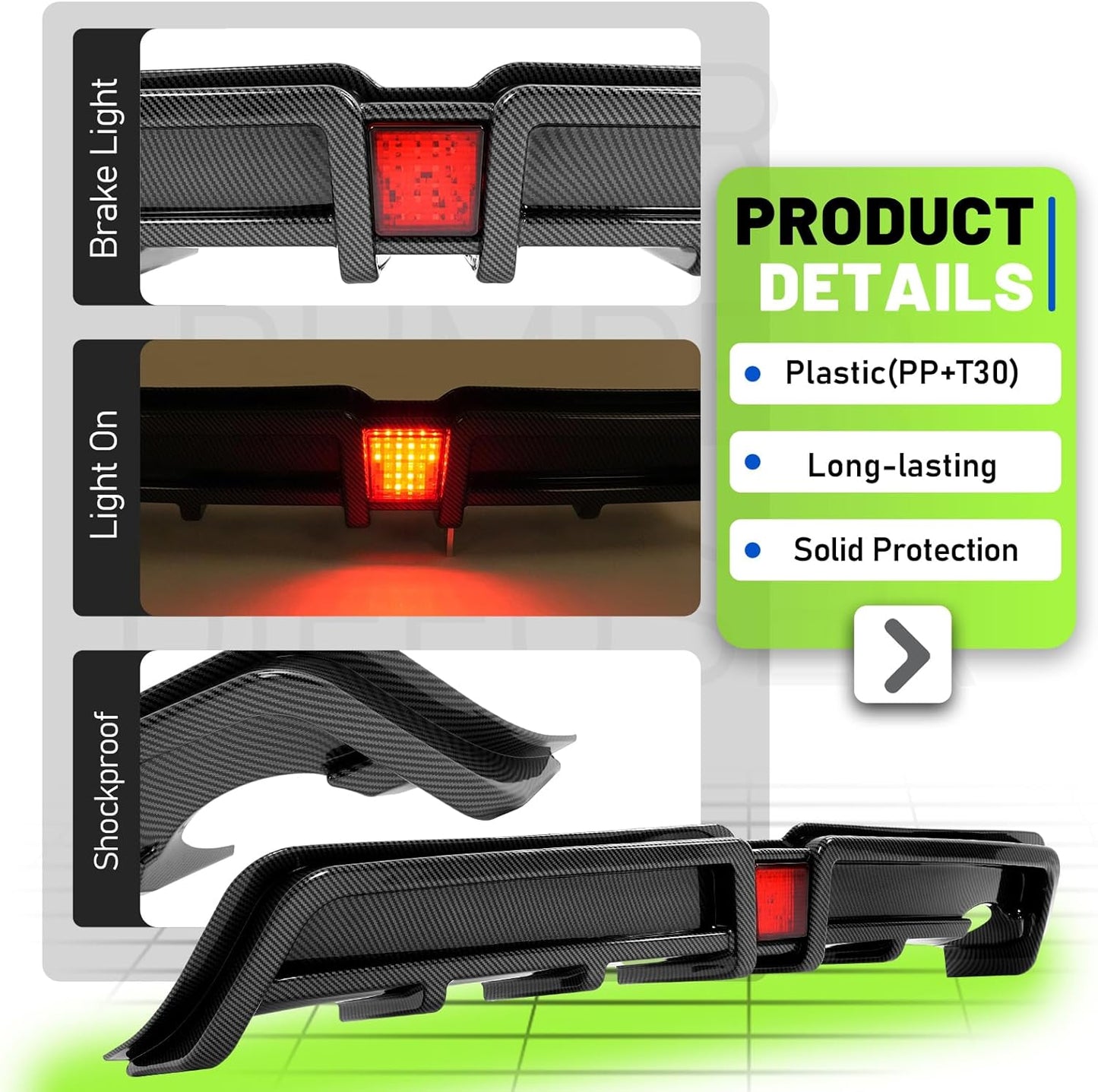 Rear Bumper Diffuser Compatible with 2006-2011 Honda Civic 4 Door Sedan Rear Lower Bumper Lip Splitter Valance with LED Brake Light Bumper Spoiler Carbon Fiber Color LYAP-X1386
