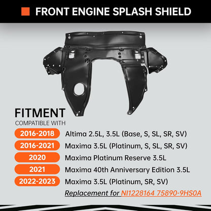 Kojem Front Engine Splash Shield Compatible with 2016-2023 Nissan Maxima 3.5L 2016-2018 Nissan Altima 2.5L 3.5L Replacement for NI1228164 75890-9HS0A Plastic Black LYAP-765S