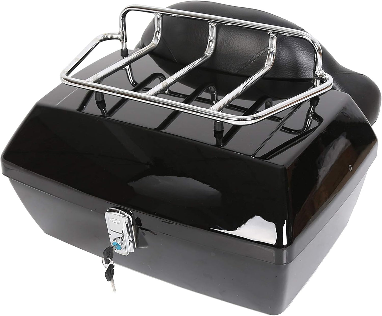 Black Motorcycle Luggage Trunk Compatible with Harley Honda Yamaha Suzuki Cruiser Motorcycle Luggage Tour Trunk Tail Box with Top Rack Backrest DMYS-B