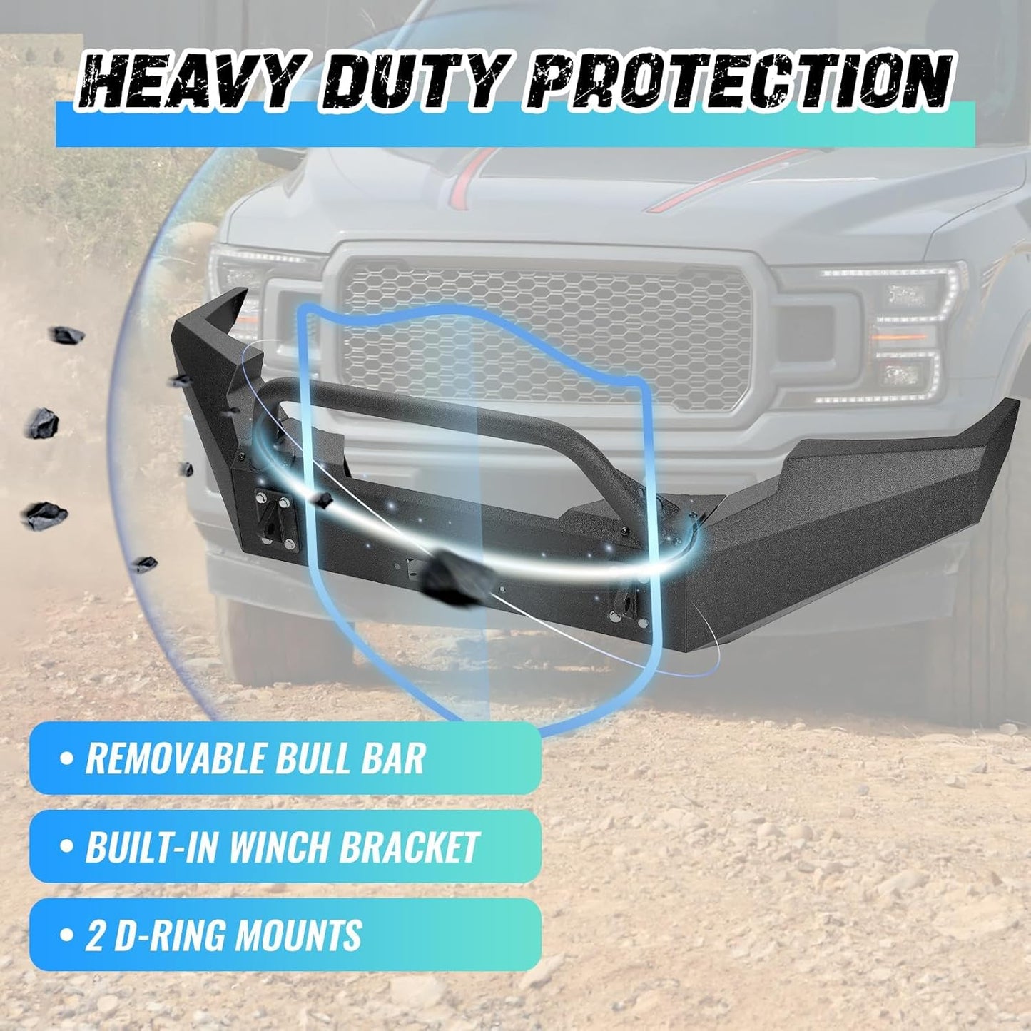 ?KUAFU Front Bumper Assembly Compatible with 1999-2004 Ford F250 F350 F-250 F-350 Super Duty Steel Powder Coated w/Winch Plate Two Packages LYAM-X1255A+LYAM-X1255B