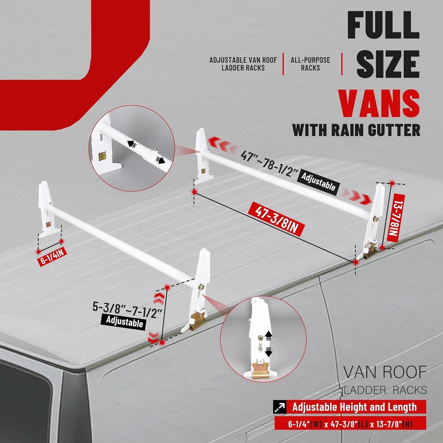 ECOTRIC Van Roof Ladder Rack 47inches- 77inches Adjustable Roof Rack 500LBS Capacity Compatible with Chevy Dodge Ford GMC Express LYA-059S
