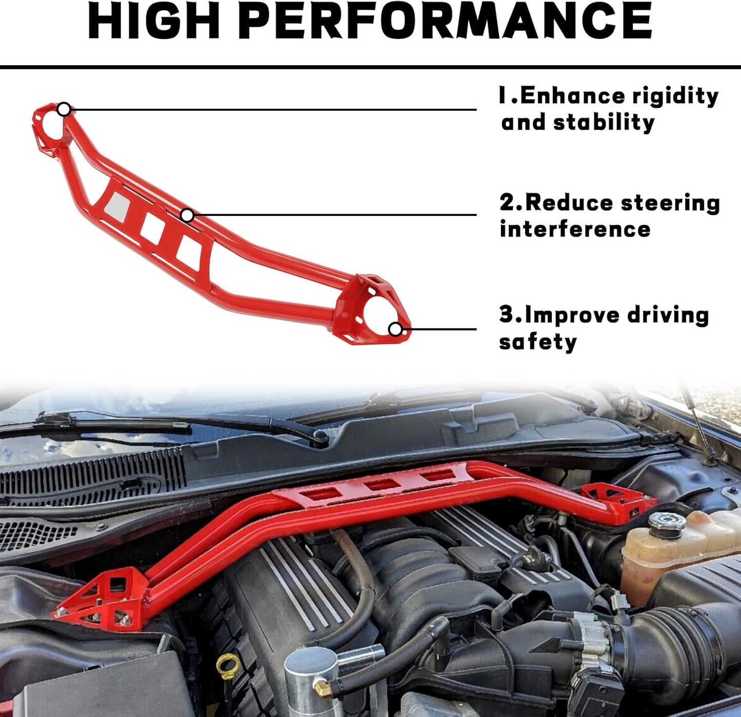 KUAFU Strut Tower Brace Compatible with 2008-2023 Dodge Challenger Front Twin Tube Design Red Steel Powder Coated LYAM-771