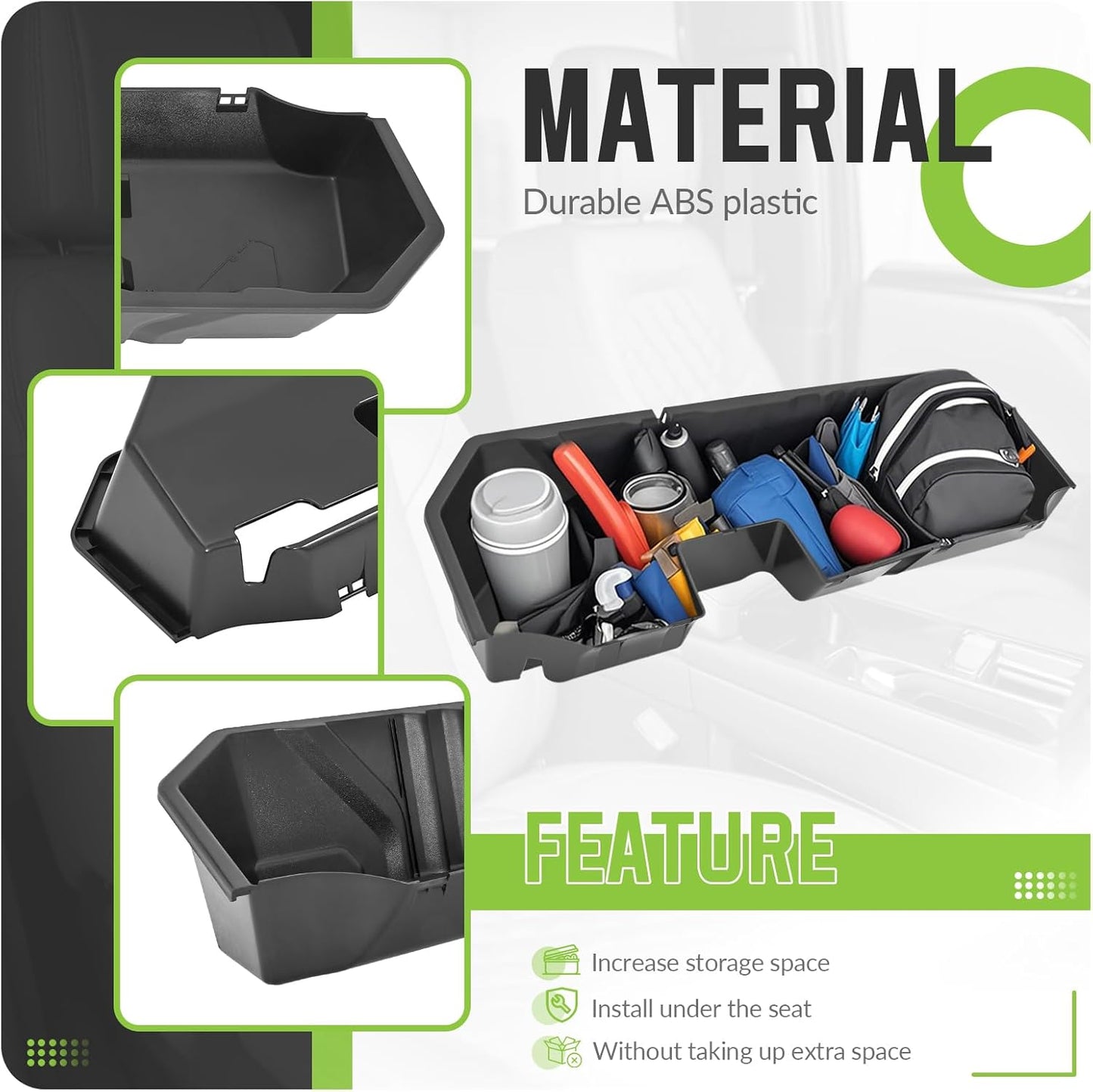 HECASA Under Seat Storage Box Compatible with 2019-2025 Chevy Chevrolet Silverado GMC Sierra 1500 2500 3500 HD Double & Crew Cab Black Plastic Underseat Storage LYAP-095S-2