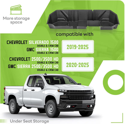 HECASA Under Seat Storage Box Compatible with 2019-2025 Chevy Chevrolet Silverado GMC Sierra 1500 2500 3500 HD Double & Crew Cab Black Plastic Underseat Storage LYAP-095S-2
