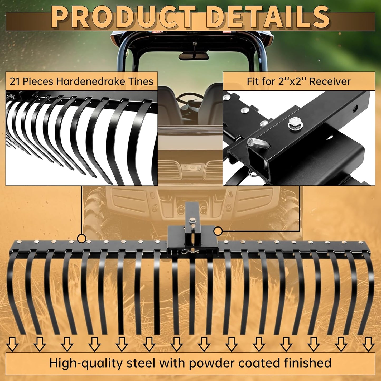 KUAFU 60 Inch Landscape Rake Pine Straw Rake Tractors Rake Fit for 2 Inch Receiver ATV UTV SxS Features 48inches or 60inches Accessory Tool Bar & 3 Point Hitch System Powder Coated Steel LYOM-003