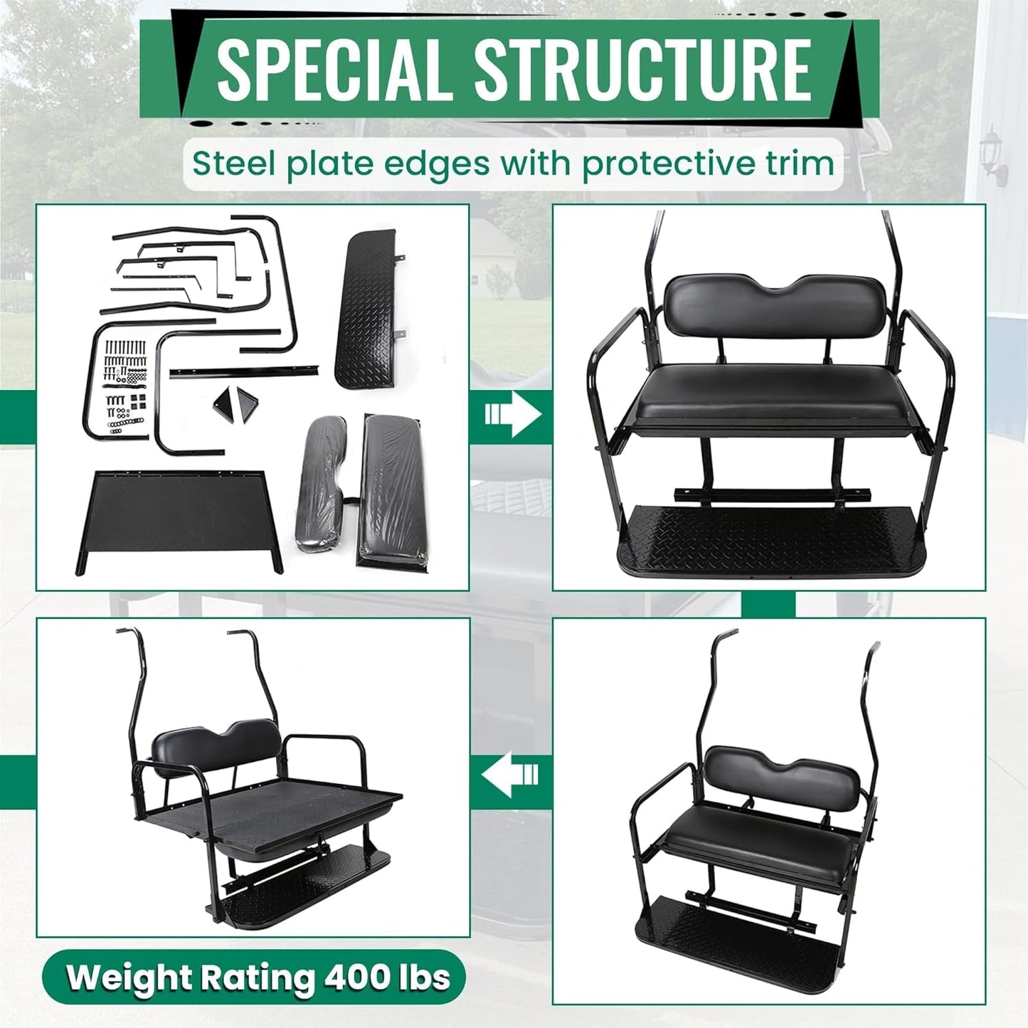 KUAFU Back Folding Seat Kit Compatible with 2000.5-Up Club Car DS Models Golf Cart Flip Seat with Cushions LYA-078A+LYA-078B