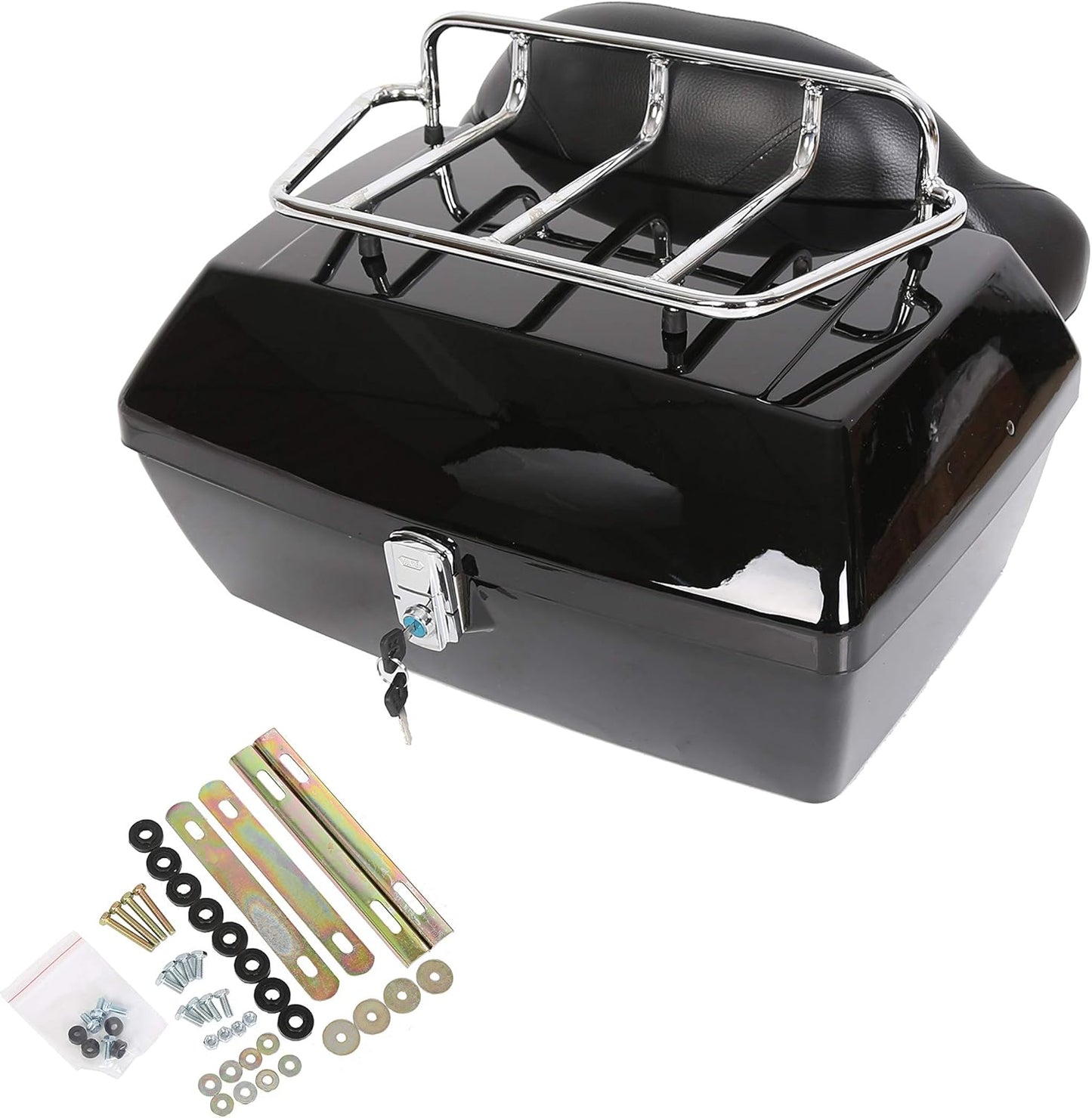 Black Motorcycle Luggage Trunk Compatible with Harley Honda Yamaha Suzuki Cruiser Motorcycle Luggage Tour Trunk Tail Box with Top Rack Backrest DMYS-B