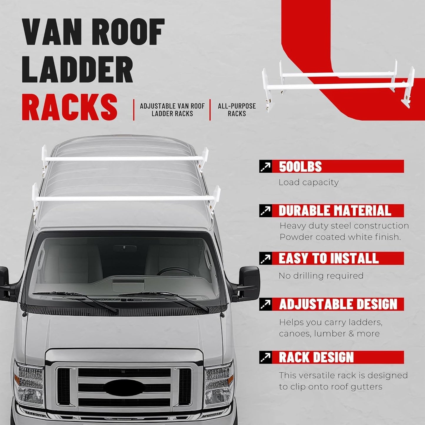 ECOTRIC Van Roof Ladder Rack 47inches- 77inches Adjustable Roof Rack 500LBS Capacity Compatible with Chevy Dodge Ford GMC Express LYA-059S