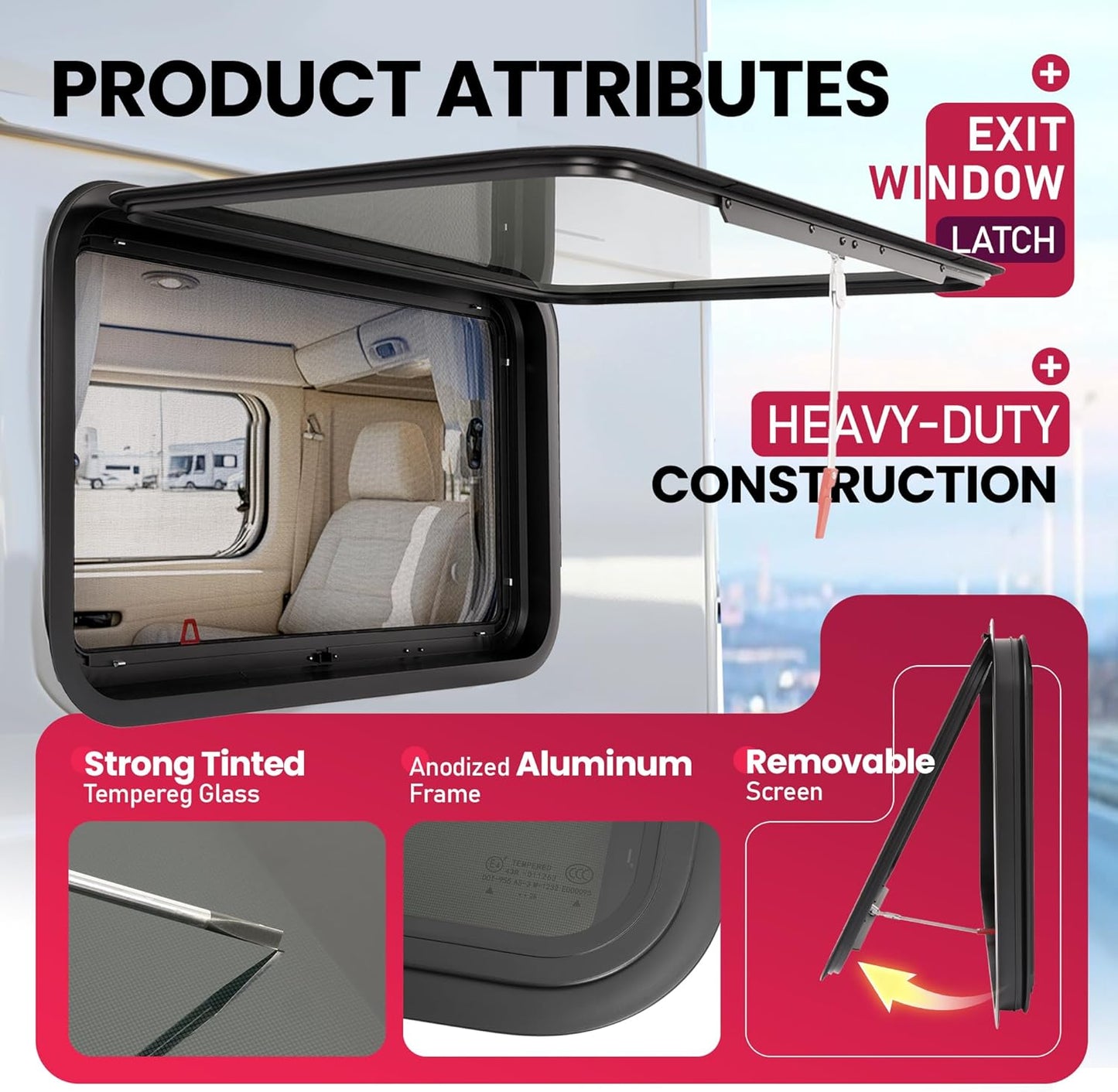 30inches x 20inches RV Exit Window Push Out w/Screen & Trim Ring Emergency Tinted Side Window for Camper, Cargo, Horse Trailer Aluminium Tempered Glass Plastic Rubber LYMIR-108
