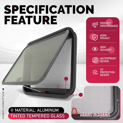 30inches x 20inches RV Exit Window Push Out w/Screen & Trim Ring Emergency Tinted Side Window for Camper, Cargo, Horse Trailer Aluminium Tempered Glass Plastic Rubber LYMIR-108