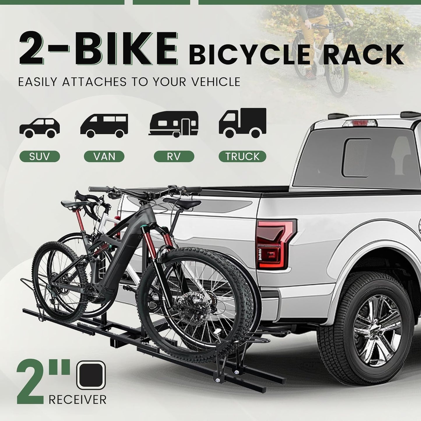 ECOTRIC Hitch Mount Bike Rack 2'' Receiver Bicycle 2-Bike Rack for SUV Van Truck Car RV Minivans, 200 LBS Capacity Platform Style for Mountain Bike E-Bike Steel LYA-014S