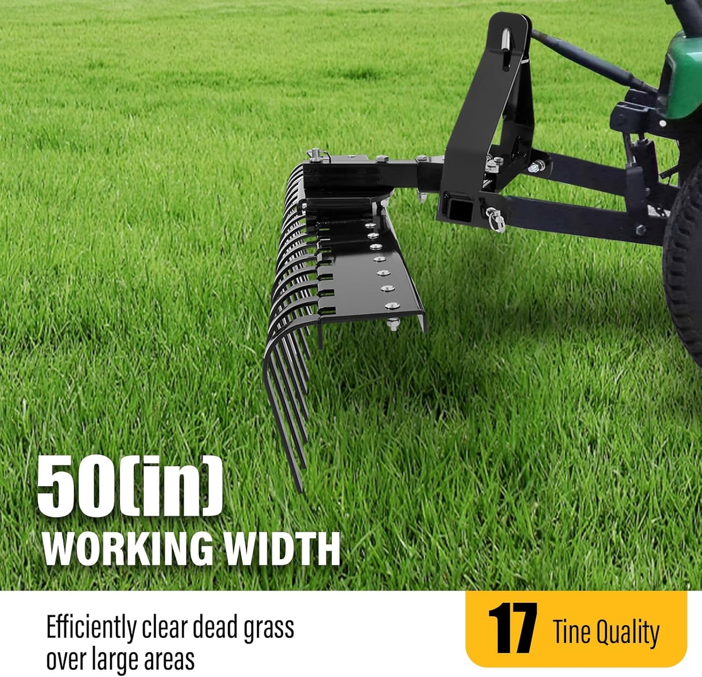 ECOTRIC 50In Landscape Rake Compatible with Category-0 Cat0 Tractor 3 Point & 5-Position Angle Adjustment for Garden, Farm, Grass Steel Powder Coated Black LYOM-374-BK