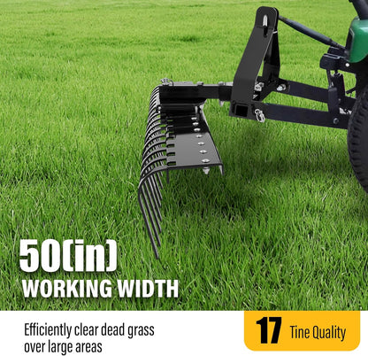 ECOTRIC 50In Landscape Rake Compatible with Category-0 Cat0 Tractor 3 Point & 5-Position Angle Adjustment for Garden, Farm, Grass Steel Powder Coated Black LYOM-374-BK