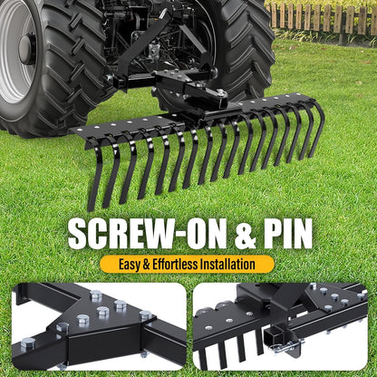 ECOTRIC 50In Landscape Rake Compatible with Category-0 Cat0 Tractor 3 Point & 5-Position Angle Adjustment for Garden, Farm, Grass Steel Powder Coated Black LYOM-374-BK