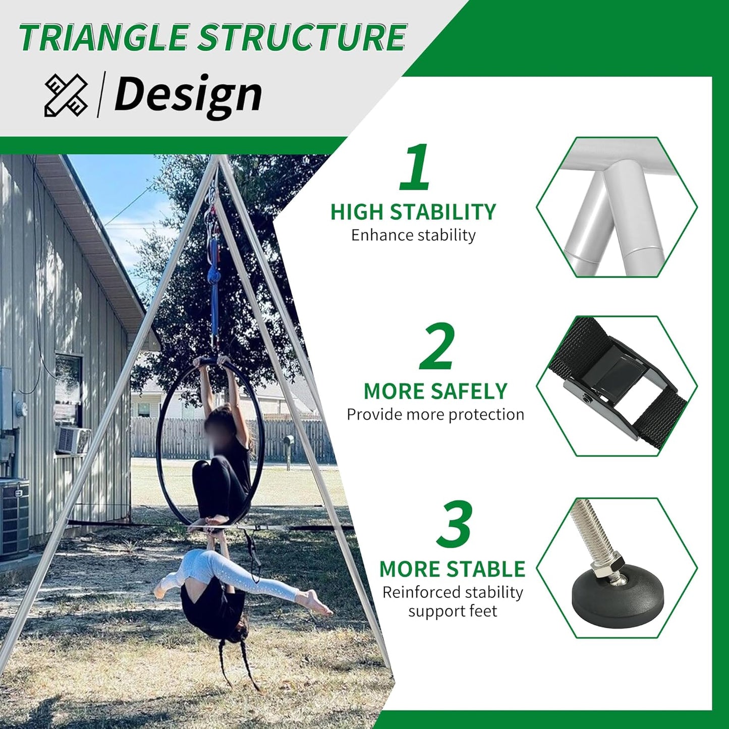 KUAFU 9.6 FT Portable Stand Yoga Swing Stand 551 LBS Aerial Yoga Frame Yoga Sling Inversion Equipment Steel Silvery for Indoor and Outdoor Triangle Structure LYOM-120T-1