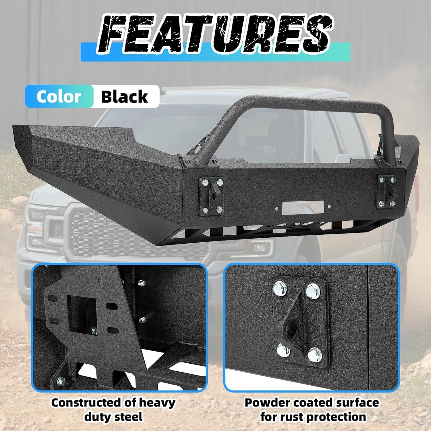 ?KUAFU Front Bumper Assembly Compatible with 1999-2004 Ford F250 F350 F-250 F-350 Super Duty Steel Powder Coated w/Winch Plate Two Packages LYAM-X1255A+LYAM-X1255B