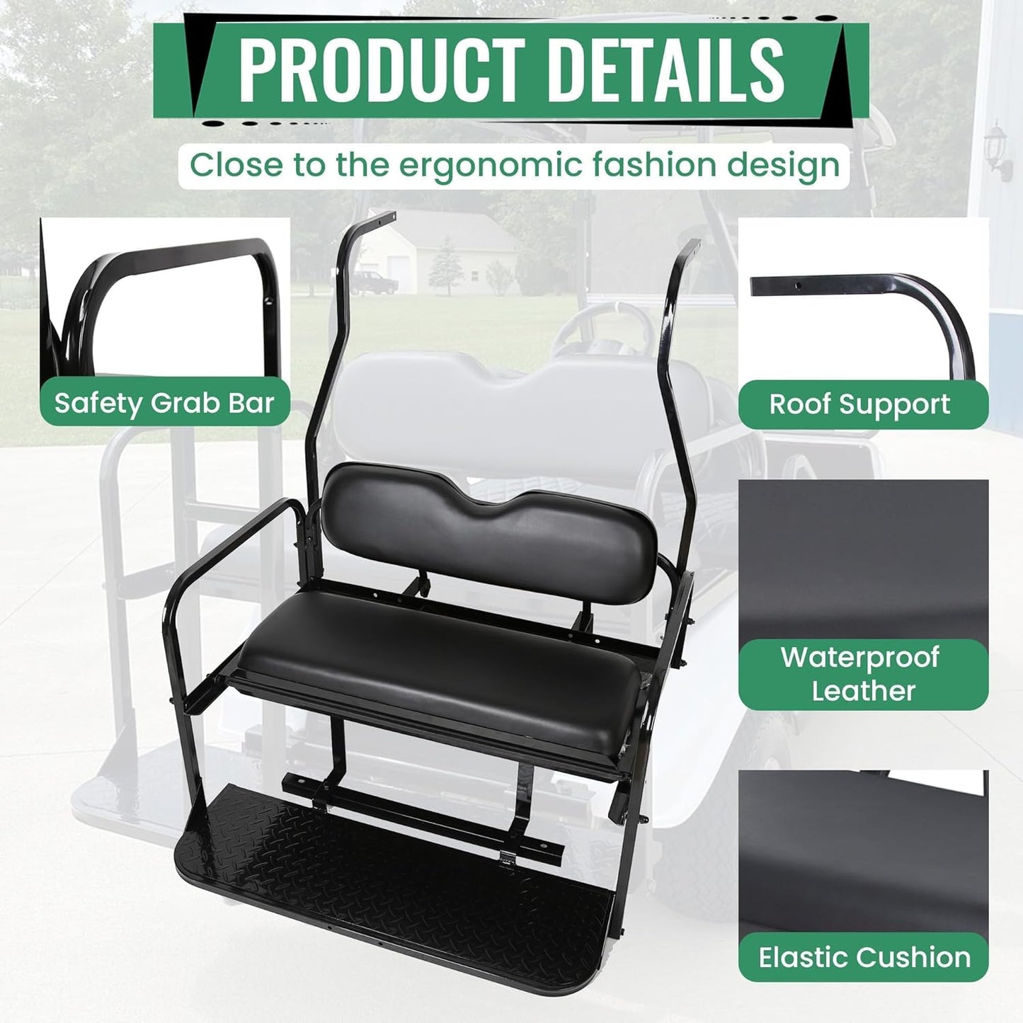 KUAFU Back Folding Seat Kit Compatible with 2000.5-Up Club Car DS Models Golf Cart Flip Seat with Cushions LYA-078A+LYA-078B