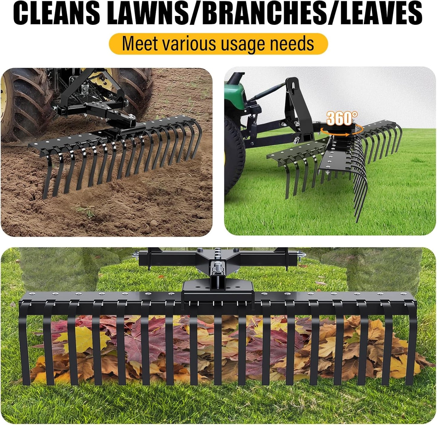 ECOTRIC 50In Landscape Rake Compatible with Category-0 Cat0 Tractor 3 Point & 5-Position Angle Adjustment for Garden, Farm, Grass Steel Powder Coated Black LYOM-374-BK