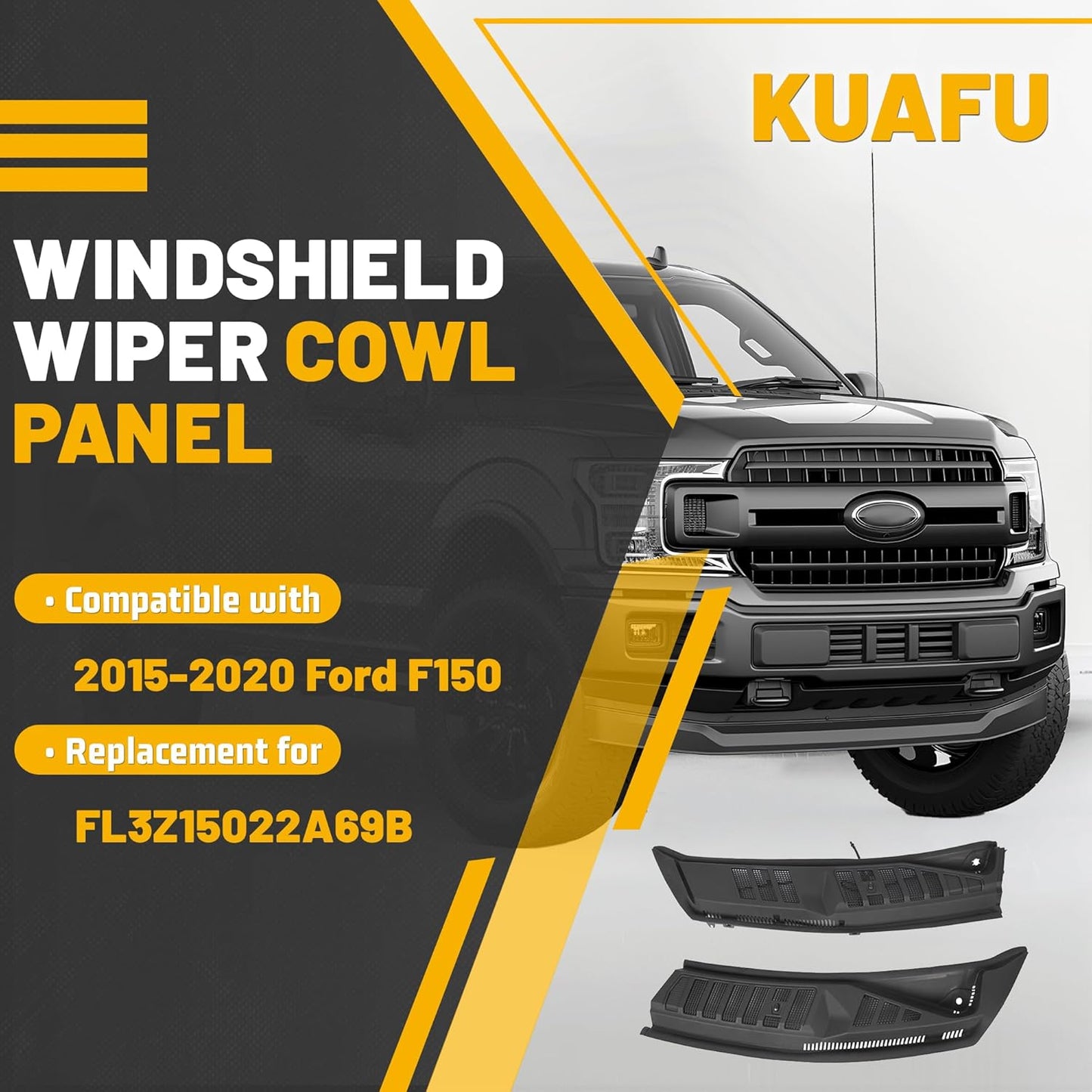KUAFU Windshield Wiper Cowl Cover Panel Compatible with 2015-2020 Ford F150 Replacement for FL3Z15022A69B Left & Right Front Windshield Wiper Cowl Grille Insert Panel LYAP-321